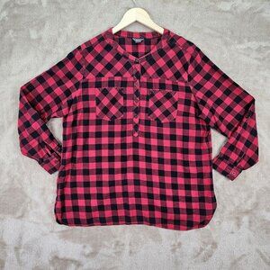 Eddie Bauer Henley Shirt Women's XXL Red Black Buffalo Plaid Long Sleeve Outdoor